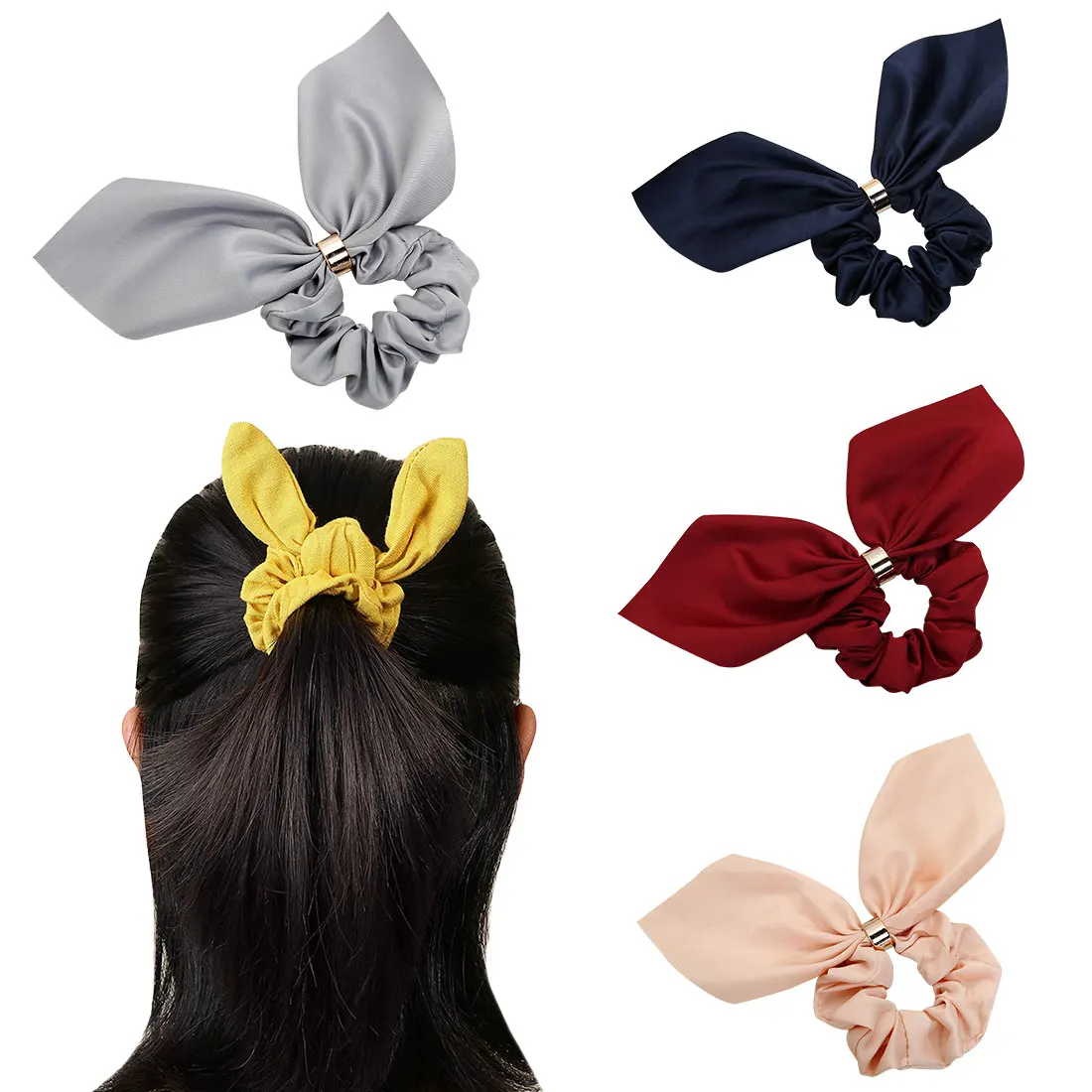 Best 1PC Girls Women Bunny Ear Hair Scrunchie Knot Bow Hair Band Hair tie Bows Rabbit Ear Elastic Ponytail Holder Bands Hair bow