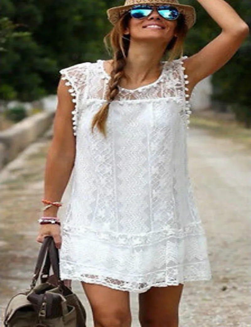 New Arrivals Women Solid White Lace Beach Dress Sexy Hollow Out Plus Size Mini Dresses Vestidos