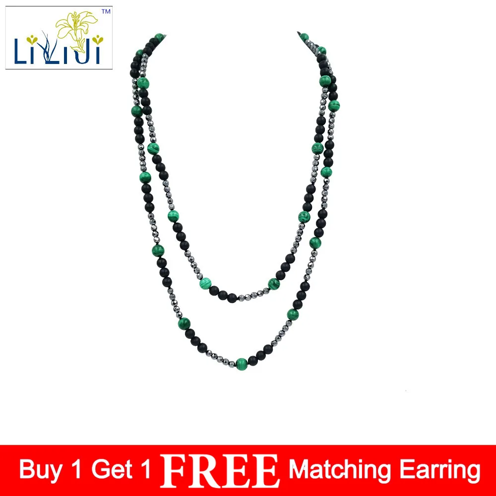 

Lii Ji Natural Stone Frosted Black Agate,Malachite,Hematite Beads Necklace about 120cm