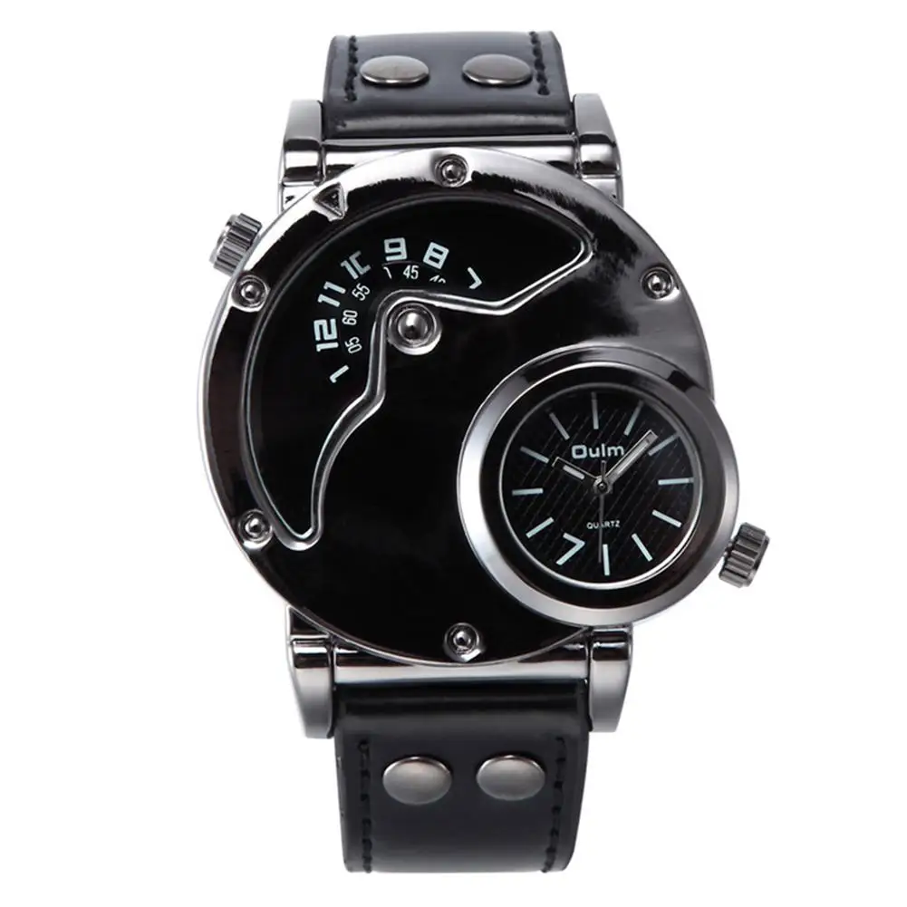 

LinTimes New Aviator Pilot Army Military Sports Quartz Mens Wrist Watch Dual Time Black Leather Band [Black]