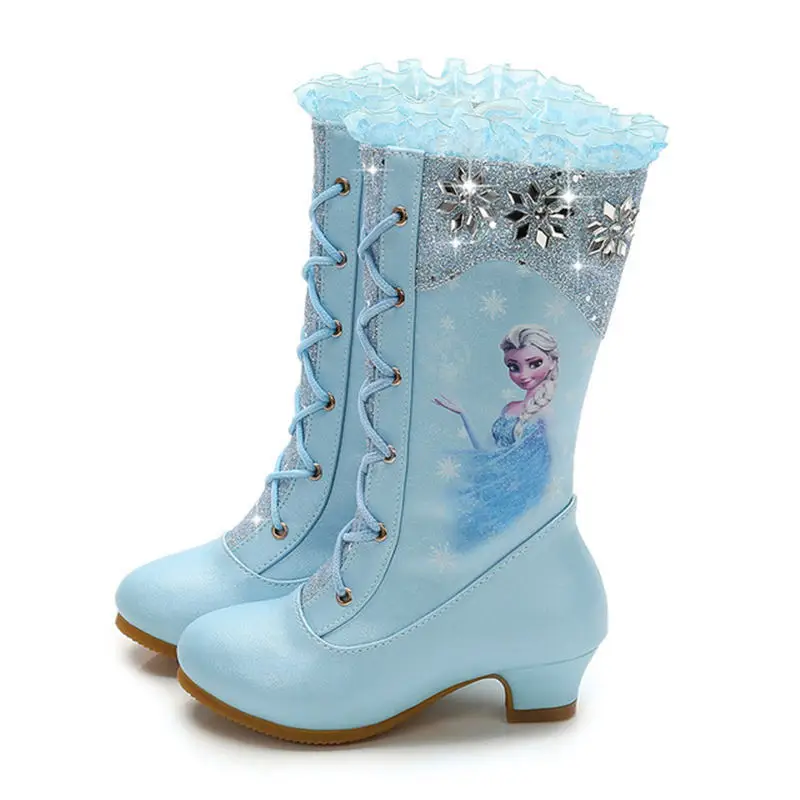 Дисней eu27-37 осень зима высокие сапоги для девочек принцесса на высоком каблуке дети блёстки зимние сапоги Замороженные теплые хлопковые сапоги