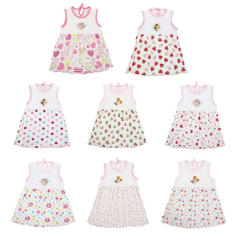 

1-2Y Baby Girls Dresses Summer Dresses Girls O-Neck Sleeveless Cute Flowers Soft Princess Cotton Mini Dress Random color