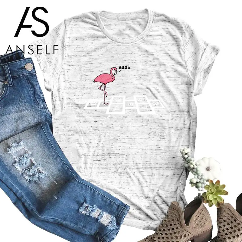 

Anself Plus Size T-shirt Cartoon Animal Bird Flamingo Numbers Print Oversized T Shirts Female Round Neck Short Sleeve Funny Tee