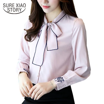 

2019 new fashion women sweet chiffon shirts long sleeved blouses casual bow office lady elegant blouses women clothing D216 30