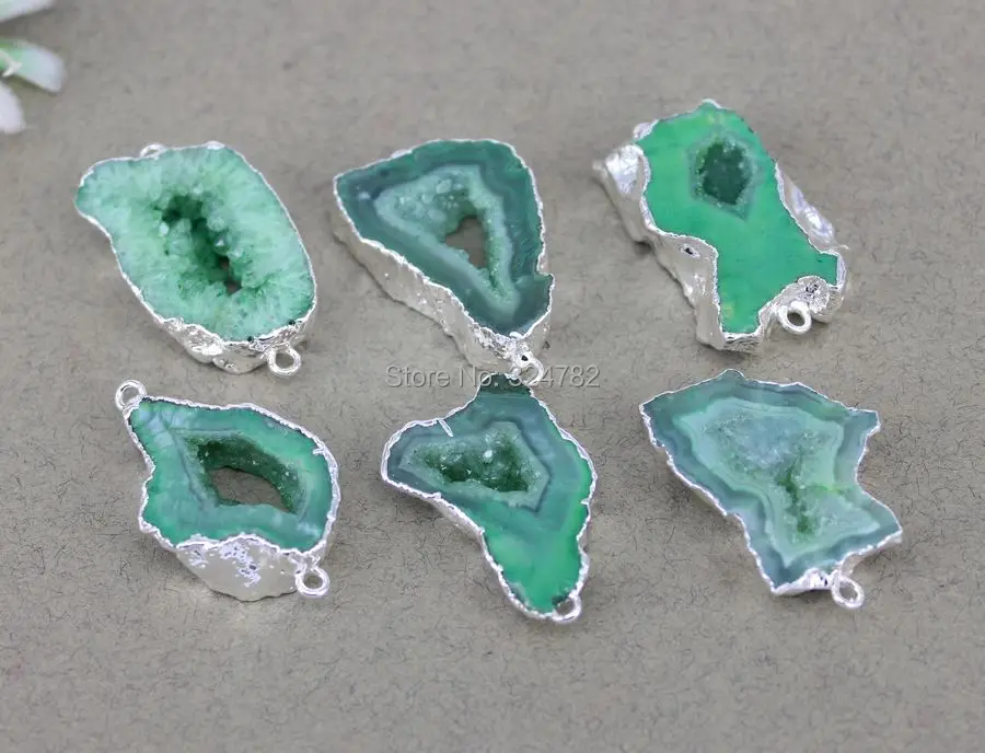 

5pcs Silver Plated Natural Geode Gem stone Connector beads in Green Color For Making Jewelry