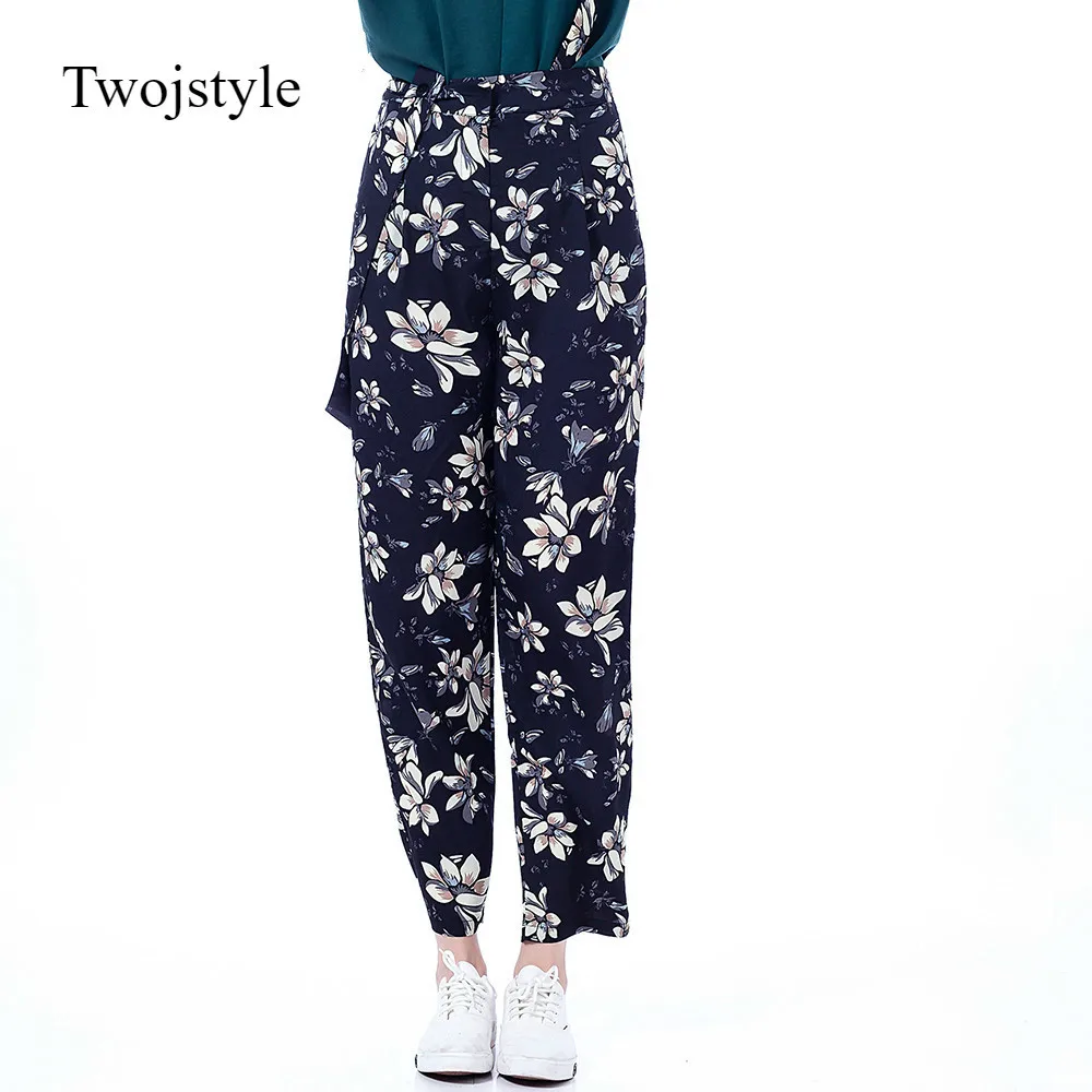 Twojstyle Casual Lace Up Women Trousers Wide Leg Pants Autumn Printed