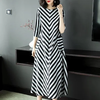 

new 2019 spring summer dress sleeve O-neck dress tencel stripe dresses striped print loose clothes women big size long clothes