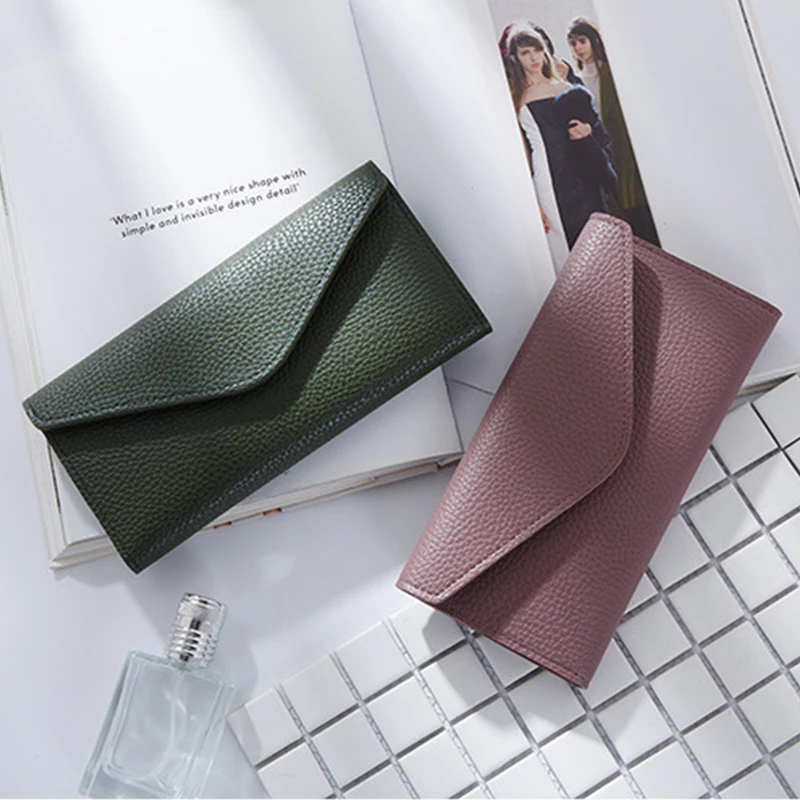 

New Women Envelope Wallet Long Style Three Folding Wallet Litchi Pattern Wallet Purses Coin Purse Card Holder Clutch Money Bags