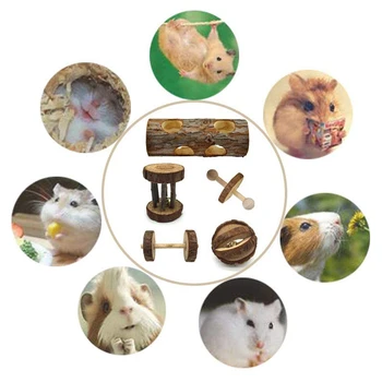 

5 Pcs Natural Wooden Playing Tunnel Ball Bell Roller Dumbbell Unicycl Chewing Toys For Small Animal Hamster Gerbil Mouse Toy