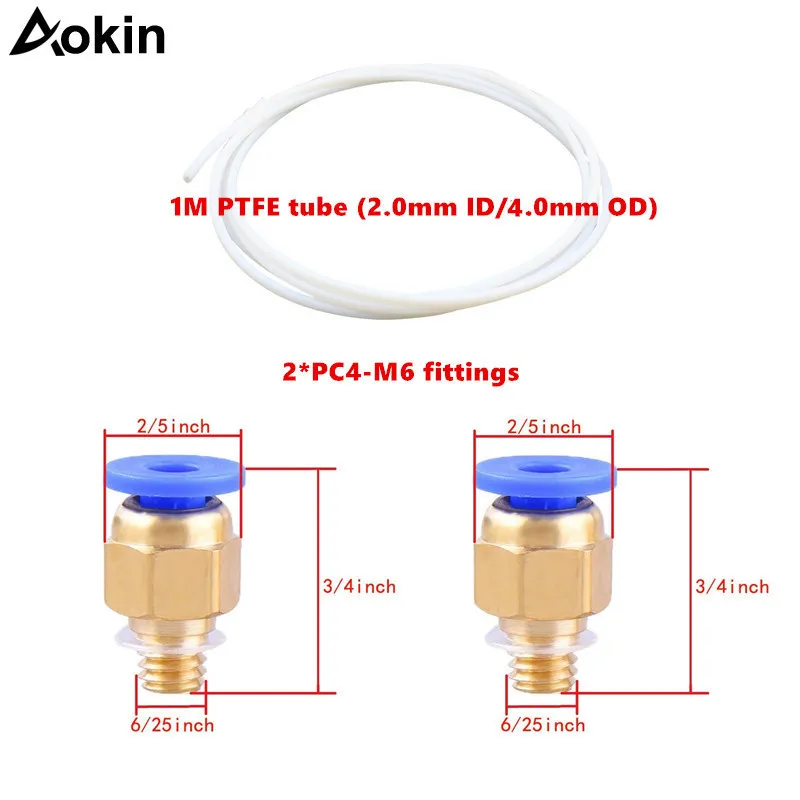 Aokin PTFE تفلون أنبوب مع PC4-M6 هوائي موصل مستقيم النحاس جزء ل Mk8 3D طابعة 1.75 مللي متر خيوط M6 تغذية المناسب