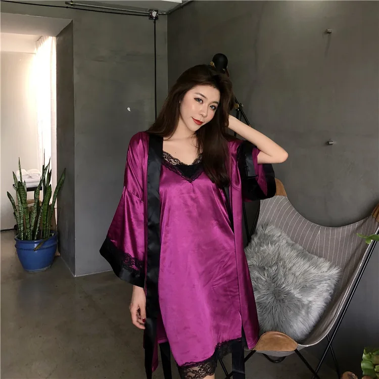 

2019 Spring Summer Women Robe & Gown Sets 2 Pieces Sets Satin Sleepwear Pijama Women Silk Robe Women Clothing Nightwear Pyjama