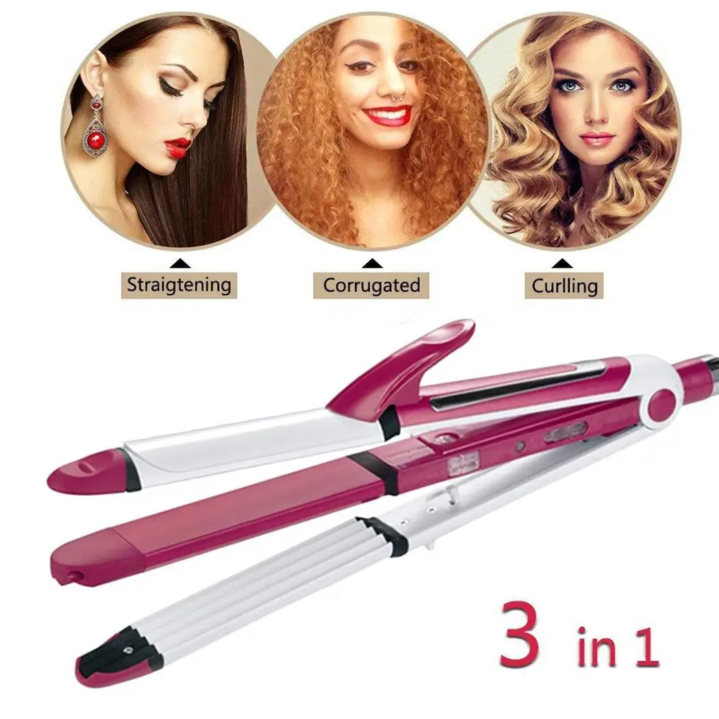 

Women Professional Hair 3-in-1 Hair Straightener Hair tourmaline ceramic Curler 21mm-30mm Styling Pink Tools
