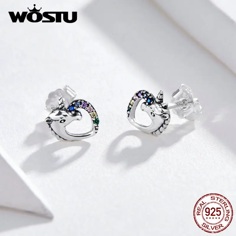 WOSTU серьги-гвоздики в форме единорога для женщин, Горячая Мода, настоящее 925 пробы, серебряные серьги-гвоздики в форме сердца, Простые Ювелирные изделия DXE611