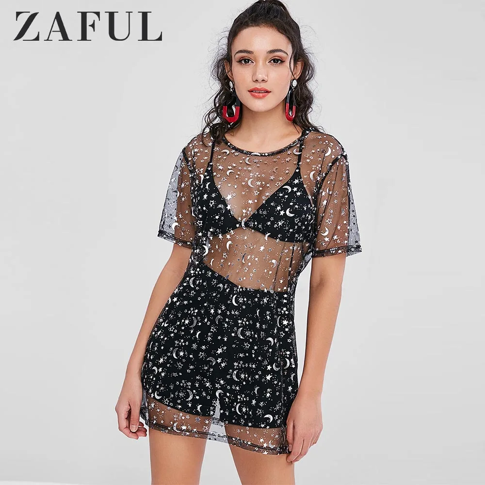 ZAFUL Sheer Starry Длинная футболка с длинным рукавом с сексуальным принтом Star Moon Moon с короткими рукавами и длинными рукавами Футболки Платье Летние топы Уличная одежда