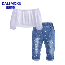 DALEMOXU Autumn Girl Boutique Outfits Clothing Set Long Sleeve Off Shoulder Top+Jeans 2Pc Conjunto Infantil Kids Clothe Set 1-7Y