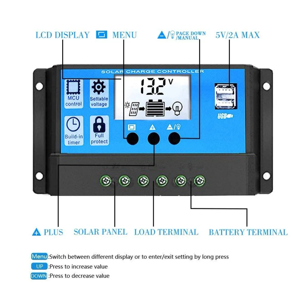 Контроллер солнечного заряда 12V24V авто. 60A/50A/40A/30A/20A/10A солнечная батарея для телефона регулятор зарядного устройства с ЖК-дисплеем и двумя выходами USB 5 V