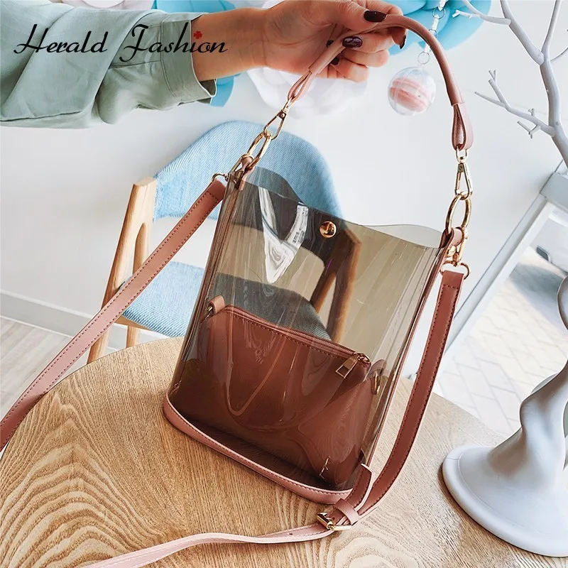 هيرالد الأزياء 2 قطعة واضح شفاف PVC المرأة حقيبة كتف الصيف الشاطئ حقائب كبيرة عارضة حمل حقيبة السيدات Crossbody حقيبة هيرالد الأزياء 2 قطعة واضح شفاف PVC المرأة حقيبة كتف الصيف الشاطئ حقائب كبيرة عارضة حمل حقيبة السيدات Crossbody حقيبة