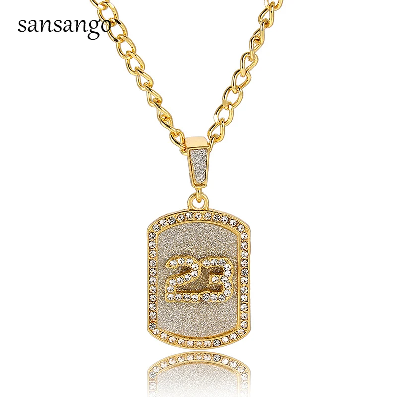 

Hip Hop Rhinestone Gold Color 23 Number Score Army Card Pendant Necklace Long Link Chain For Rock Men Women Jewelry