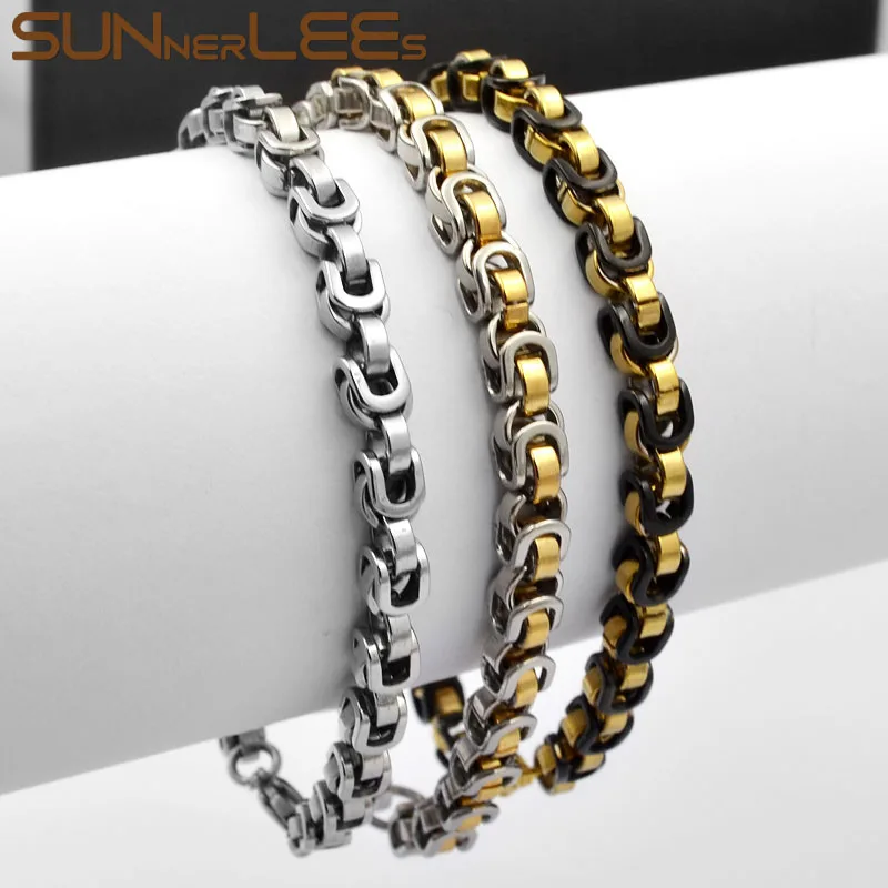

SUNNERLEES Fashion Jewelry Stainless Steel Bracelet 5.5mm Geometric Byzantine Link Chain Silver Gold Black For Men Women SC119 B