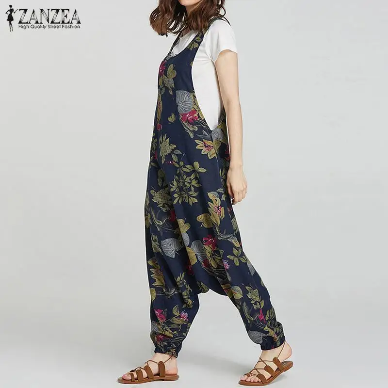 Plus Size Linen Overalls Women's Drop-Crotch Jumpsuits ZANZEA 2019 Summer Tank Rompers Vintage Print Pant Combinaison Femme 5XL