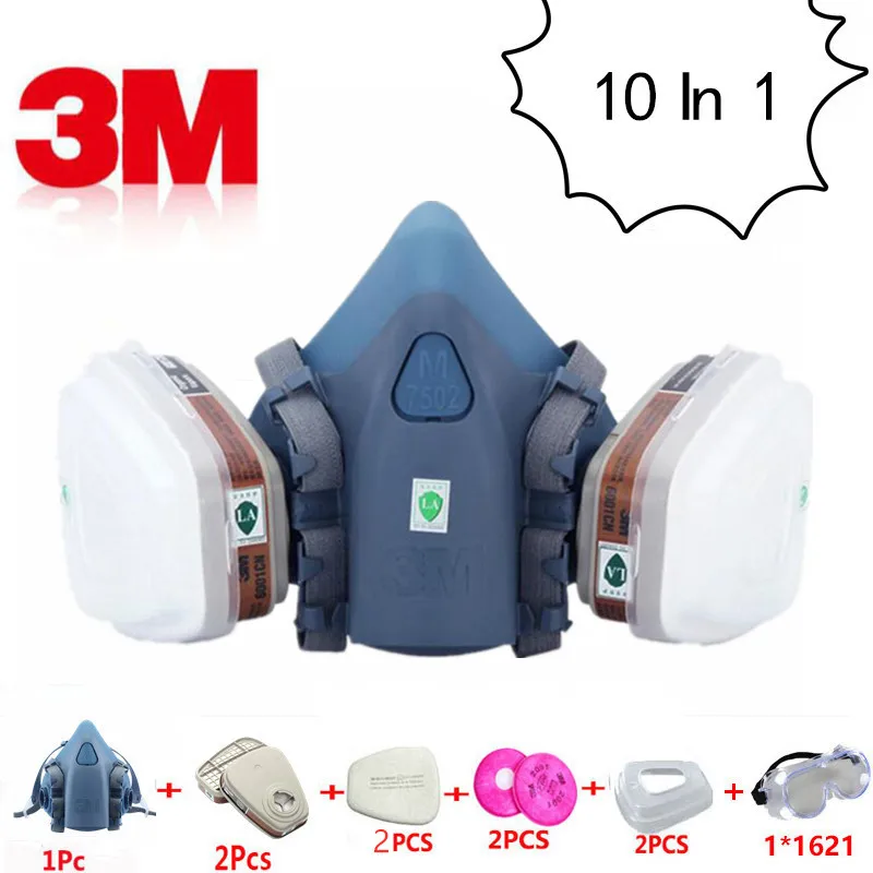 

10in1 3M 7502 6001 Gas Mask Respirator Protective Anti Dust Mask Industrial Refine Mine Spray Silica Gel Mask Chemical Goggles