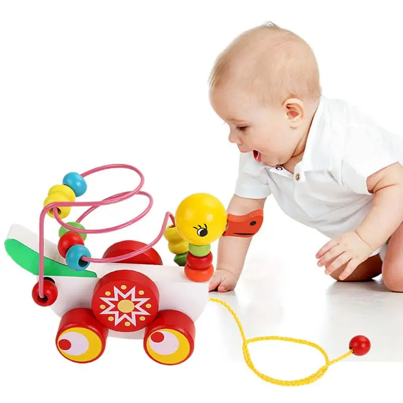 A Toddler Toy Duckling Trailer Round beads Woodeng Early Educational For Kids