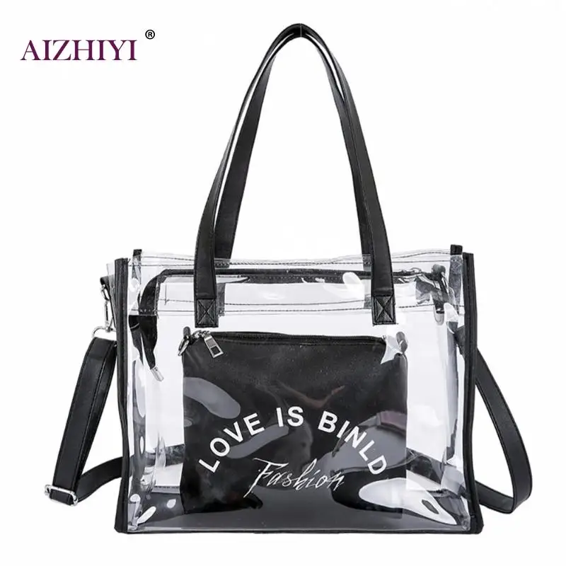 

Female Transparent Casual Summer PVC Girls 2pcs/set Big Totes Clear Shoulder Messenger Handbags Women Clutch Crossbody Bags