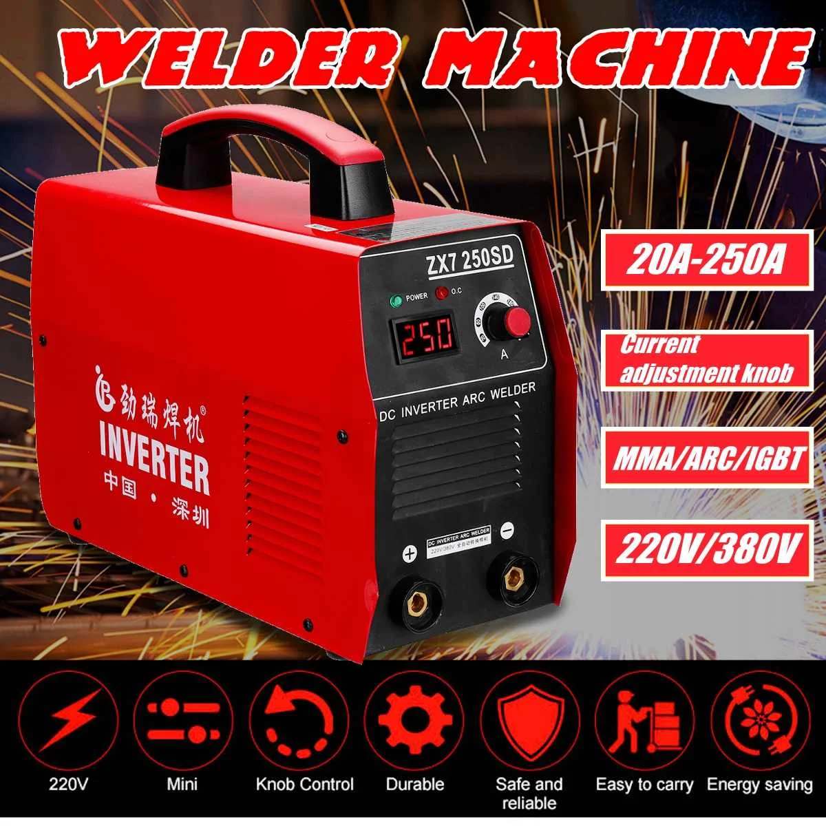 

ZX7-250SD 220V/380V 20-250A Electric Welding Machine IGBT MMA/ARC Welding Tools Digital Display