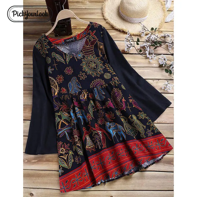 

Plus Size Women Blouses And Tops Long Sleeve Vintage Female Shirt Ethnic Tunic V Neck Autumn Ladies Blouses Blusas D30