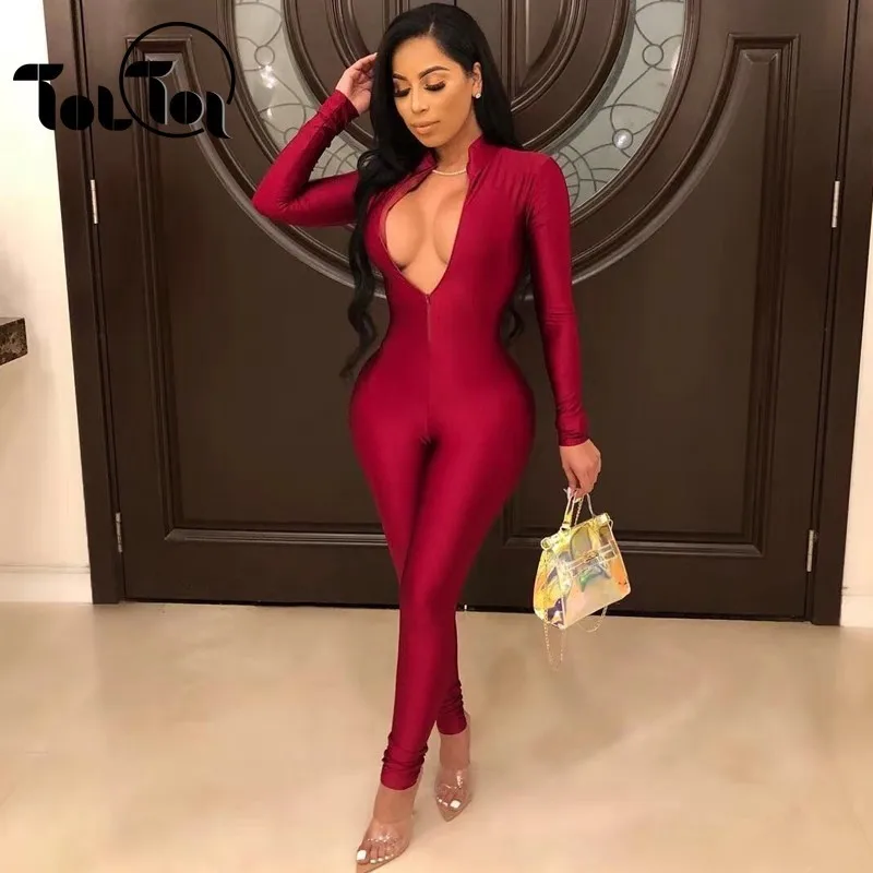 

Deep V Neck Backless Bandage Jumpsuit Women Rompers Sexy Long Sleeve Bodycon Bodysuits Zipper Solid Party Overalls