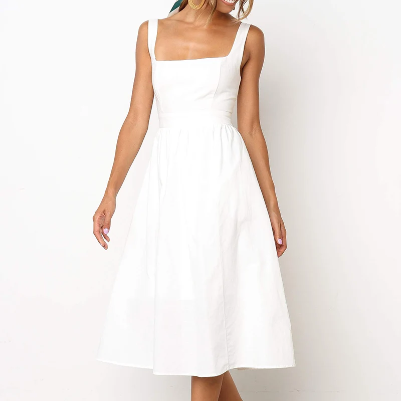

Women Sexy U Neck Slim Sling Sleeveless Solid Backless midi Length solid color elegant vogue holiday beach Party Dress vestido