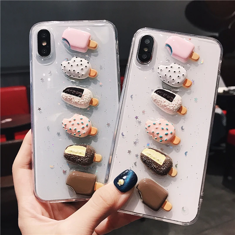 

Glitter Bling Cute Phone Case For iphone X XS XR XM 6 6S 7 8 Plus Transparent Soft TPUCute 3D Summer Ice Cream Back Cover