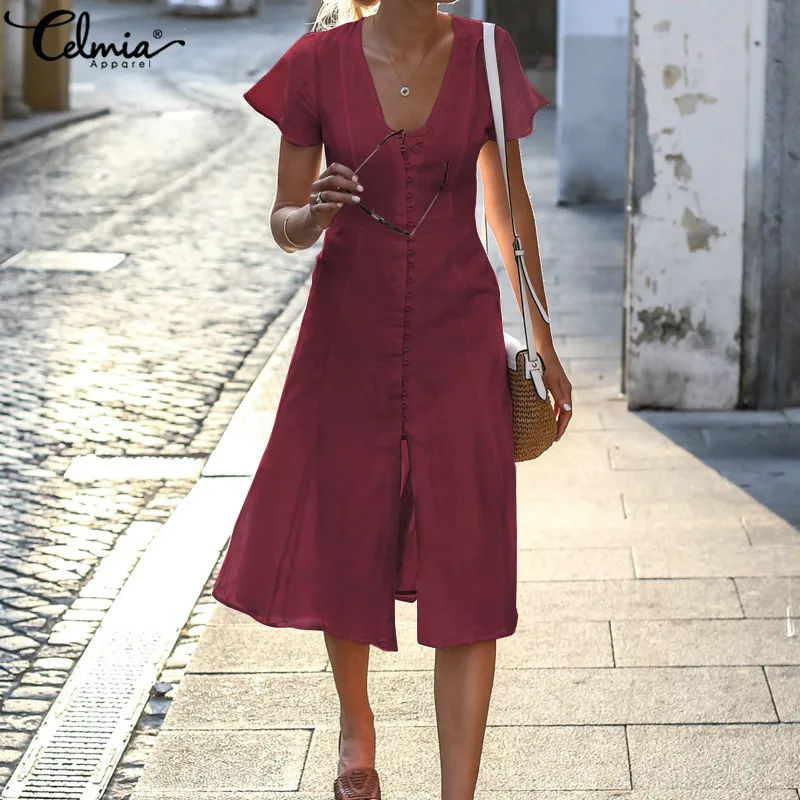 

Celmia Women Shirt Dress 2019 Summer Sexy V Neck Midi Dresses Ruffle Sleeve Buttons High Split Party Vestidos Plus Size Sundress