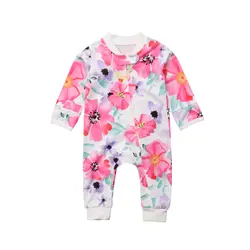 Pudcoco комбинезон на молнии с цветочным принтом для новорожденных девочек комбинезон одежды снаряжение с длинными рукавами от 0 до 24 месяцев