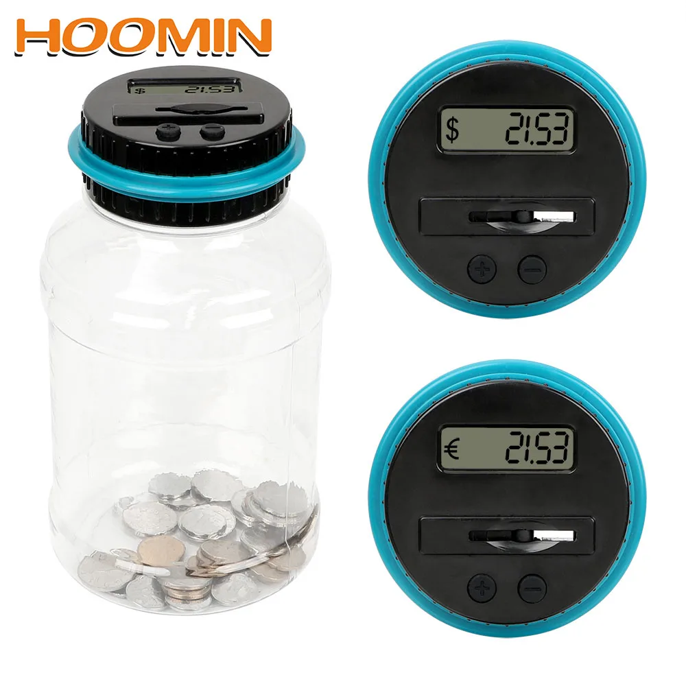 HOOMIN 1.8L Money Saving Box For USD EURO Digital LCD Screen with Automatic Counter Battery Powered Coins Storage Jar Piggy Bank