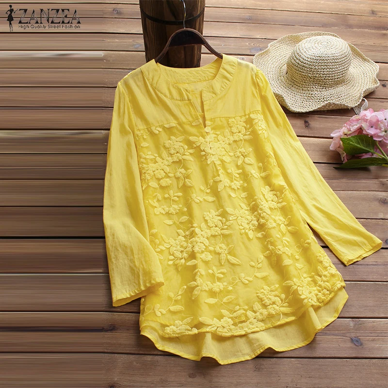 2019 ZANZEA الصيف النساء أنيقة V الرقبة كم طويل فضفاض القطن الكتان قمم حزب قميص عارضة خمر التطريز العمل OL بلوزة