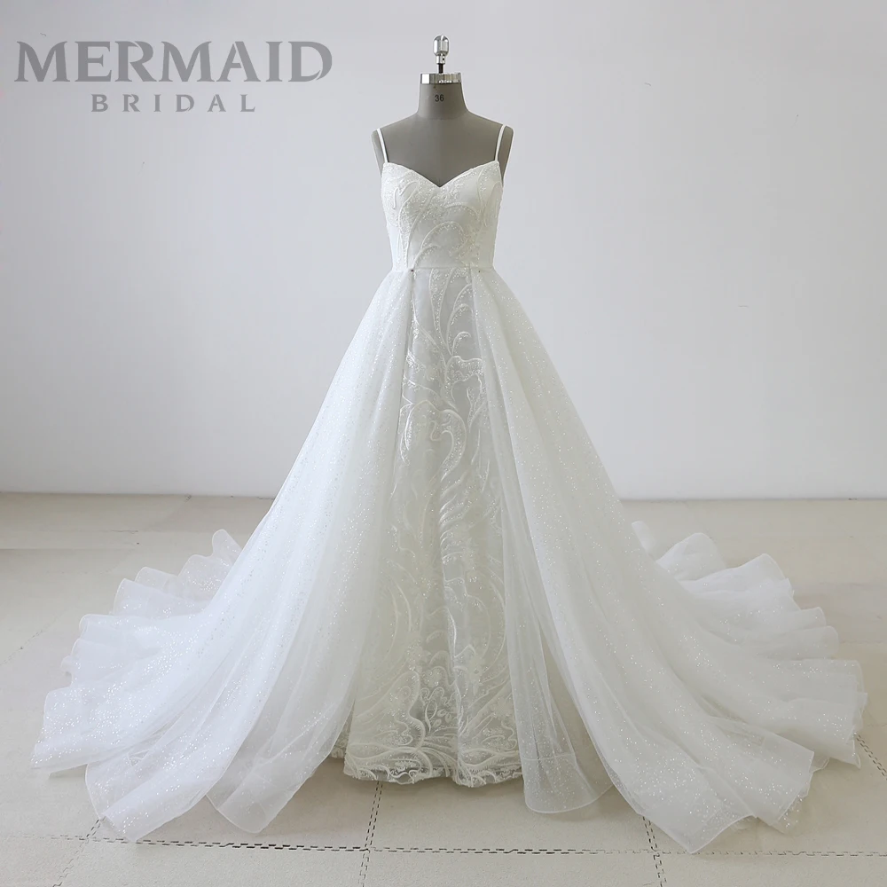

New spaghetti straps bling mermaid wedding dress with detachable train