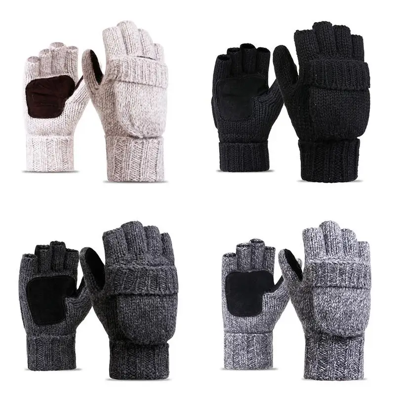 

Outdoor Sports Wool Knitting Gloves Half-finger Flip Winter Korean Style Wool Plus Velvet Thickened Leather Warm Cycling Gloves