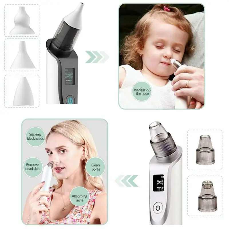 2 in 1 Baby Electric Nasal Aspirator Newborn Baby Nose Cleaner Adult Blackhead Remover 3 Speed Adjustable 5 Replaceable Tips