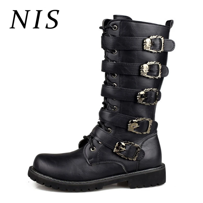 

NIS Punk Rock Men Motorcycle Boots Spring Autumn PU Leather Zipper Buckle Decor Mid-calf Men Boots For Man Shoes New Fashion