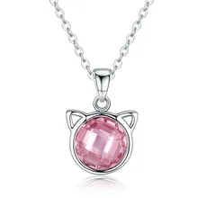 Genuine 925 Sterling Silver Cute Cat Pendant Necklaces With Pink Zircon For Women Animal Jewelry Scn083 BAMOER bamoer fashion genuine 925 sterling silver cute pet pussy cat chain pendant necklace for women sterling silver jewelry scn232
