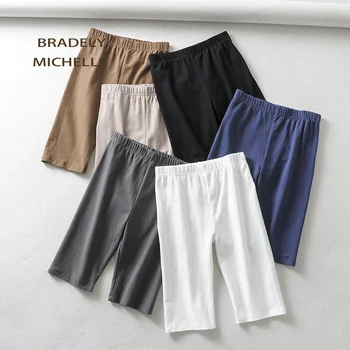 BRADELY MICHELLE sexy women cotton high waist elastic pure color slim Knee-Length leggings female