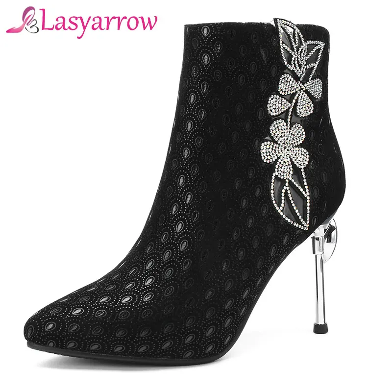 

Lasyarrow High Quality Senior Printing Suede Ladies Shoes High Heels Pointed Toe Autumn Ankle Boots For Women Black Winered J195