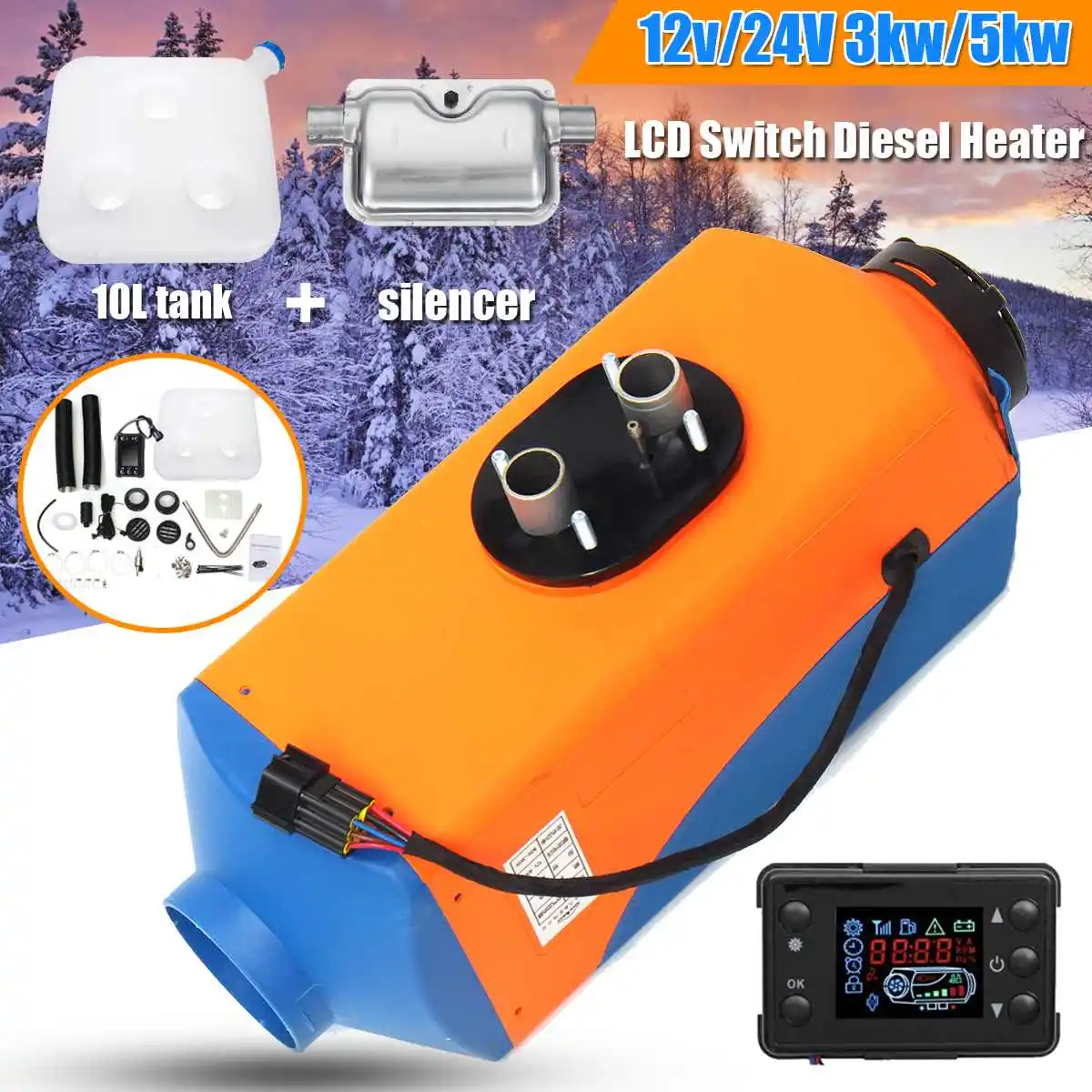 

KROAK 12V/24V 3KW/5KW Diesels Air Parking Heater Diesels Air Heater Tank Vent Duct Thermostat Caravan Motor with Silencer