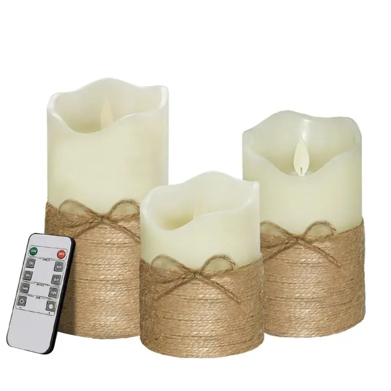 

3pcs/set Flameless Flickering Led Candle Light Remote Control Hemp String Electric Tea Light Wedding Party Home Decor Desk Lamp