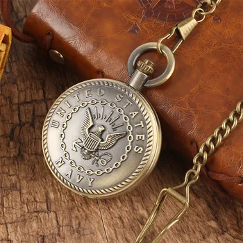 

Bronze USN Design Fob Quartz Pocket Watch with Pocket Chain Cool Steampunk Full Hunter Pendant Watch for Men Women Dropship Item