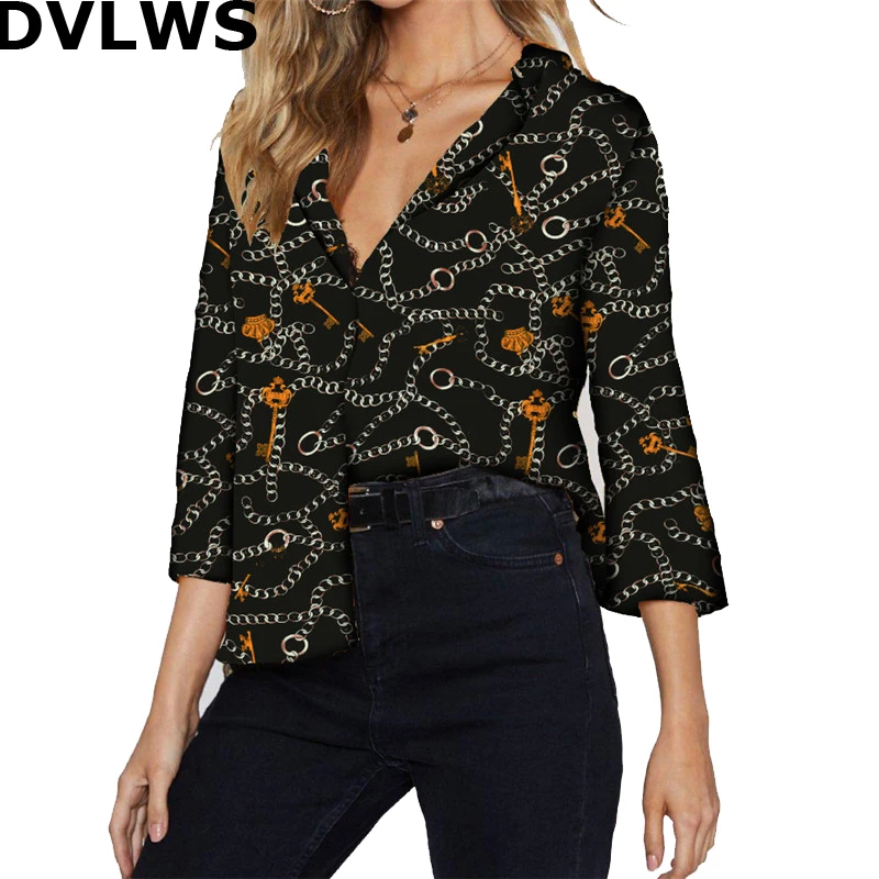 

Free Shipping 2019 Spring Summer Chiffon Womens Tops and Blouses V-Collor Causal Chain Printed Blouses 3 Colors Red Black Beige