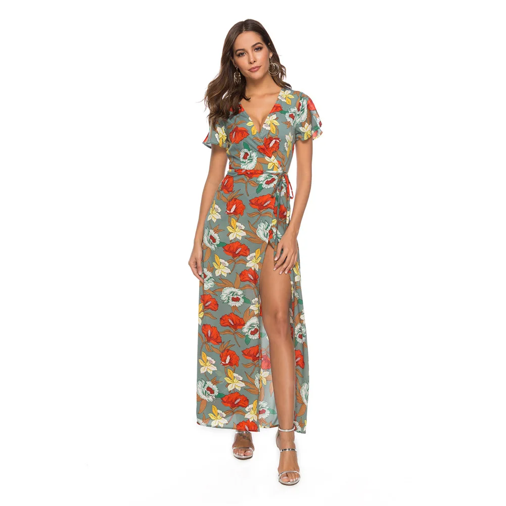

Bohemian Beach Dress Women Floral Print Chiffon Dress Summer Sexy V-Neck Beach Long Dresses Casual Women'S Maxi Dresses
