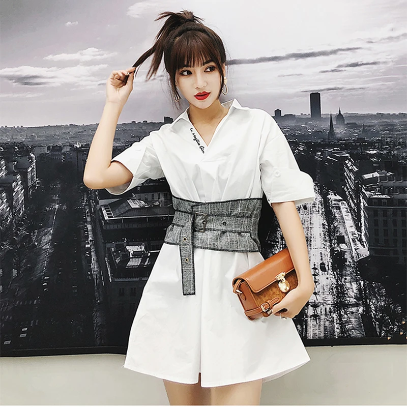 

Ladies Fashion A-line V-neck Patchwork Dress Vintage Above Knee Empire Women Dress Turn Down Collar Spring Summer Mini Dress