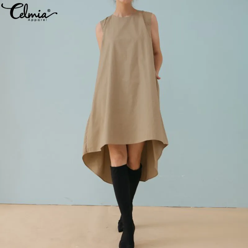 

Celmia Plus Size Women Shirt Dress 2019 Loose Casual Summer Sexy Sleeveless Dresses Asymmetrical Linen Long Shirt Vestidos Mujer